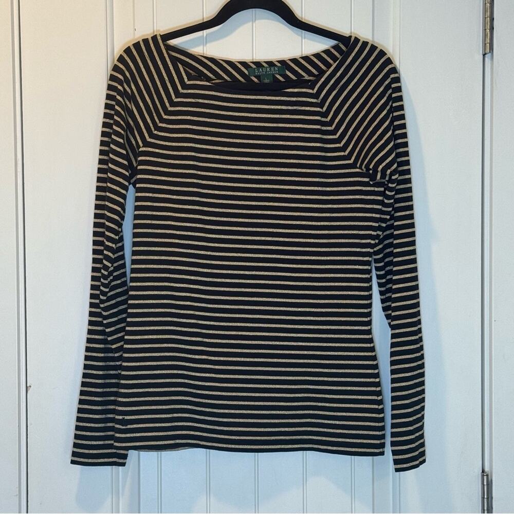Ralph Lauren Women's Black and Gold Striped Top Size Large